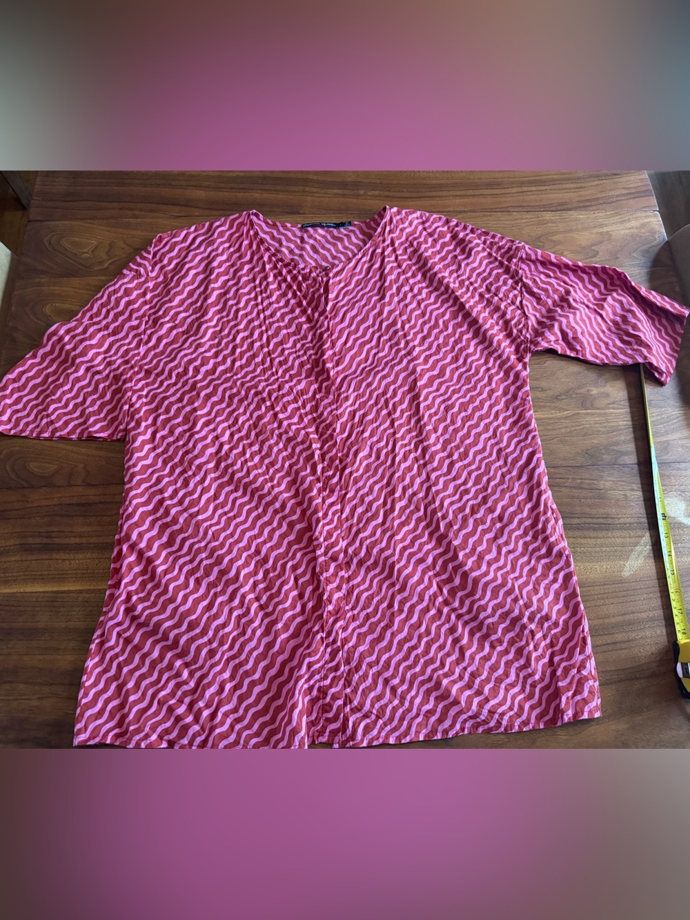 Gudrun Sjoden Wavy Striped Organic Cotton Button Tunic in EUC Pink Red Sz L